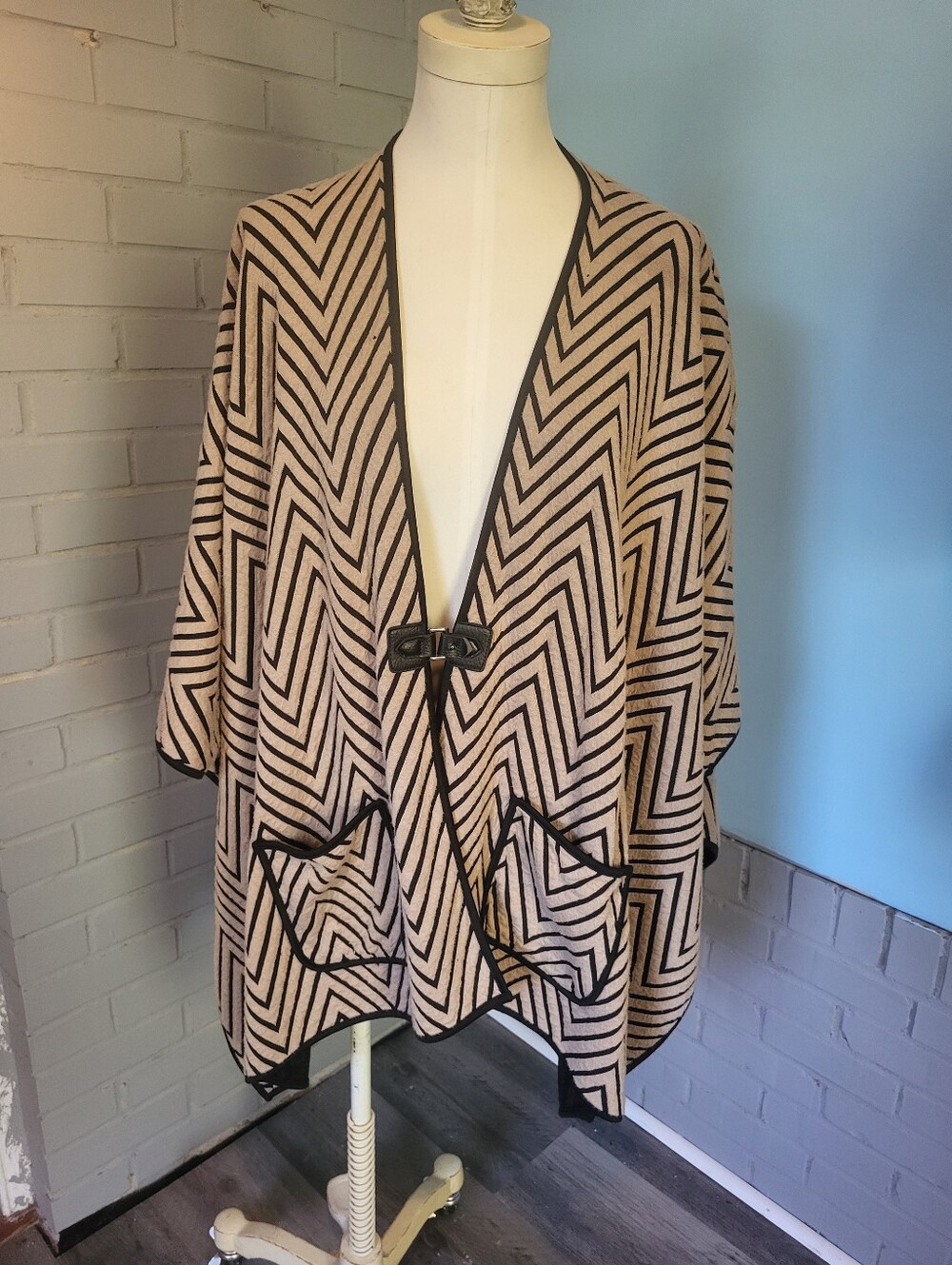 Chevron Toggle-Front Poncho Wrap - Cream & Black